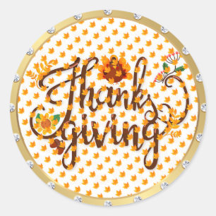 Gold Happy Thanksgiving Fall Classic Round Sticker