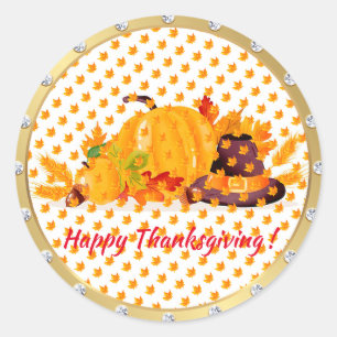 Gold Happy Thanksgiving Fall Classic Round Sticker