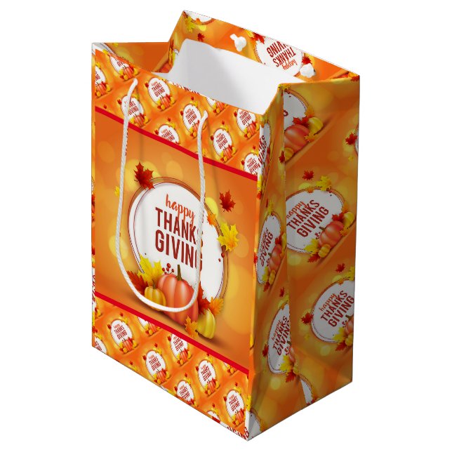 Gold Happy Thanksgiving Fall Gift Medium Gift Bag (Front Angled)