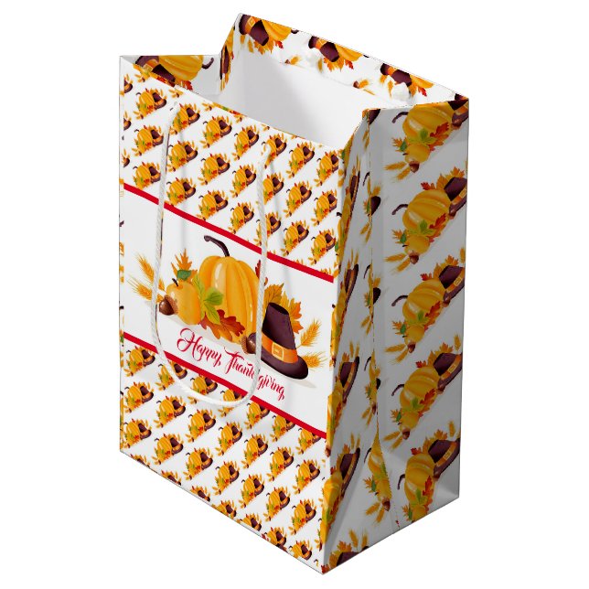 Gold Happy Thanksgiving Fall Gift Medium Gift Bag (Front Angled)