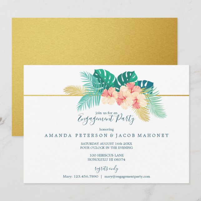 Gold Hawaiian Hibiscus Wedding Engagement Party Invitation (Front/Back)