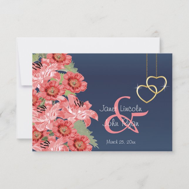 Gold Heart and Coral Flowers - RSVP Card (Front)