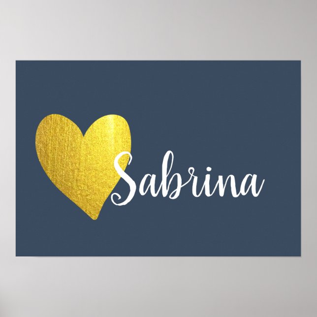Gold Heart and Navy Personalized Cursive Poster (Front)