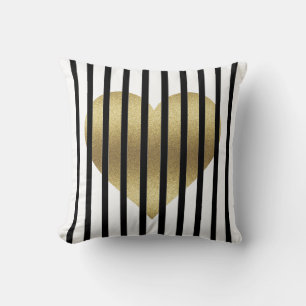 Gold Heart and Stripes Throw Pillow