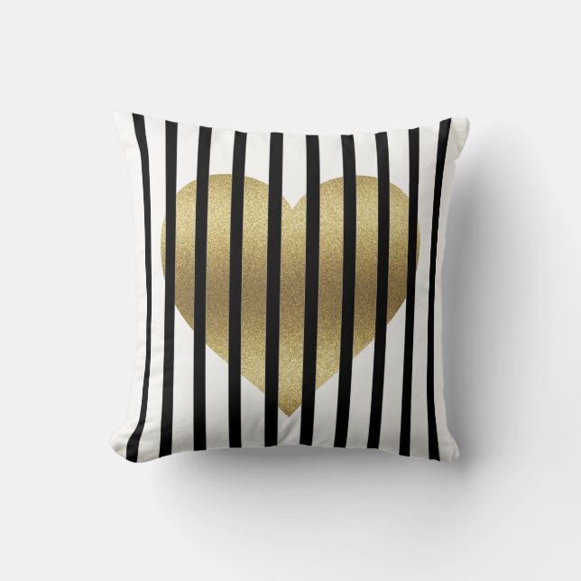Gold Heart and Stripes Throw Pillow (Front)