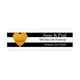 Gold Heart Black & White Stripe Adresse de retour