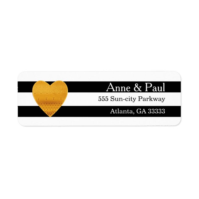 Gold Heart Black & White Stripe Adresse de retour (Devant)