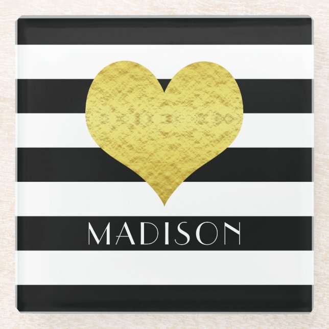 Gold Heart Black White Stripes Pattern Name Glass Coaster (Front)