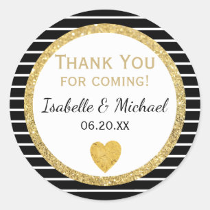 Gold Heart, Black & White Stripes Wedding Stickers