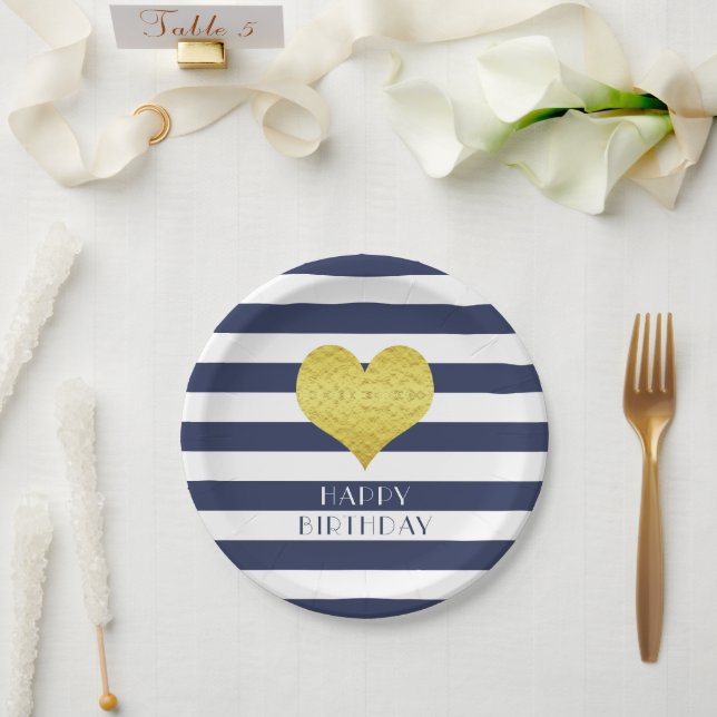 Gold Heart Blue And White Stripes Happy Birthday Paper Plate (Wedding)