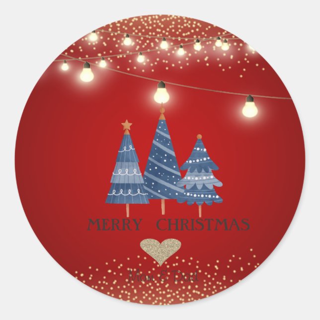 Gold Heart,Blue Christmas Trees,String Lights Classic Round Sticker (Front)