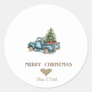 Gold Heart,Blue Truck Pine Trees Christmas Classic Round Sticker