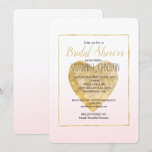 Gold Heart Blush Pink Ombre Bridal Shower Invitation