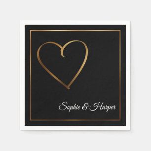 Gold Heart & Border with Names on Black Napkin