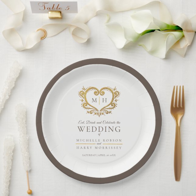 Gold heart brown wreath monogram wedding  paper plate (Wedding)