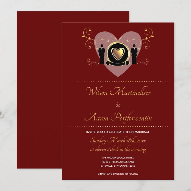 Gold Heart Burgundy Homme LGBTQ Faire-part de mari (Devant / Derrière)