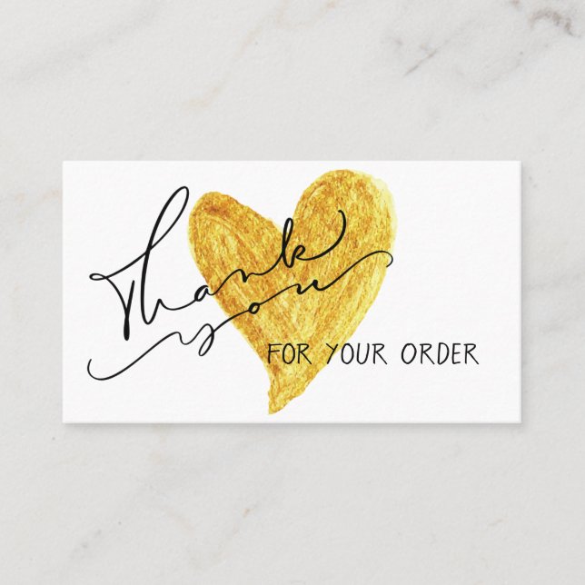Gold Heart Calligraphy Discount Thank You Business Card (Front)