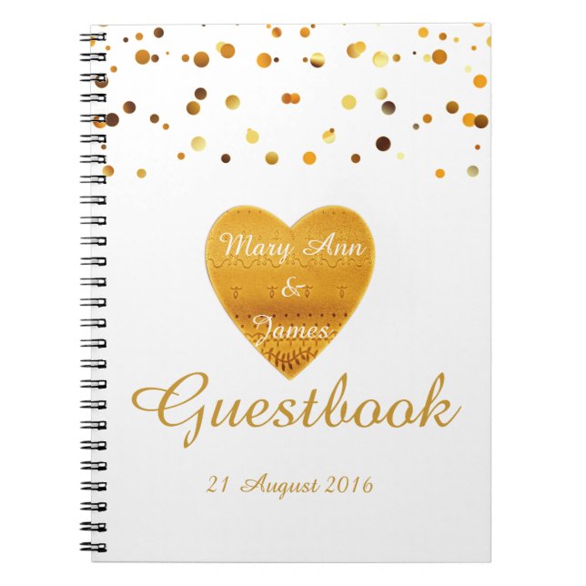 Gold Heart Confetti Glitter Faux Foil White Guest Notebook (Front)