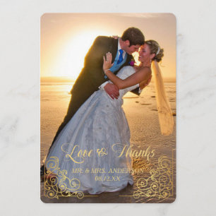 Gold Heart Confetti Photo Wedding Thank You Card