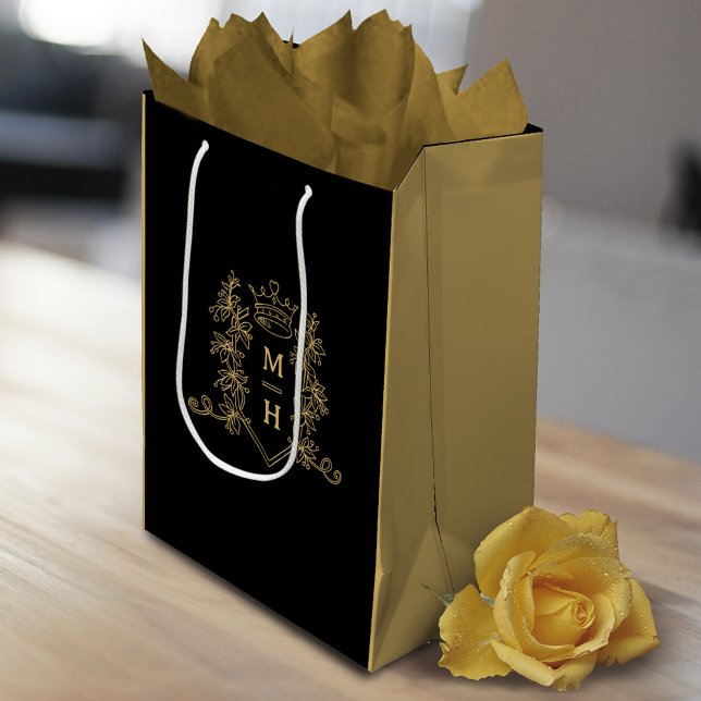 Gold heart crown crest leaves monogram wedding medium gift bag (Creator Uploaded)