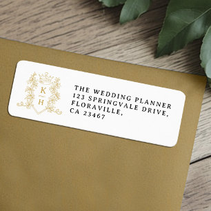 Gold heart crown monogram wedding return label