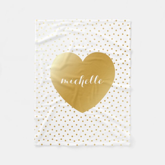 Gold Heart Dots Pattern Custom Monogram Fleece Blanket (Front)