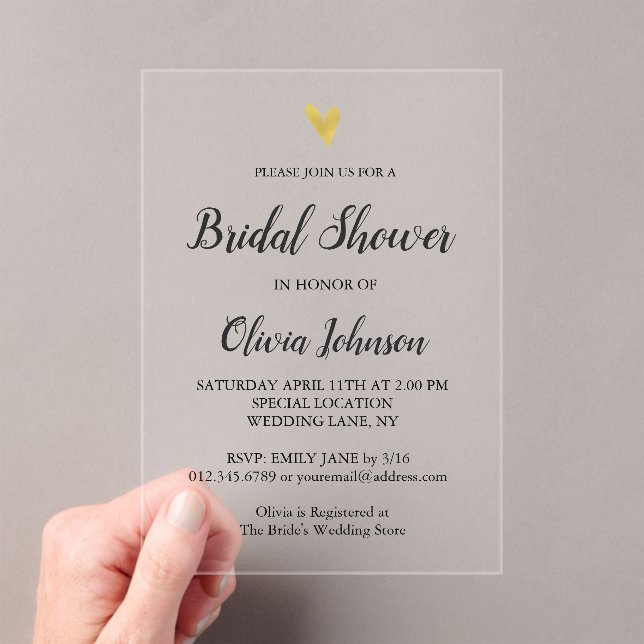 Gold Heart Elegant Modern Bridal Shower Acrylic Invitations (Insitu (Handheld))