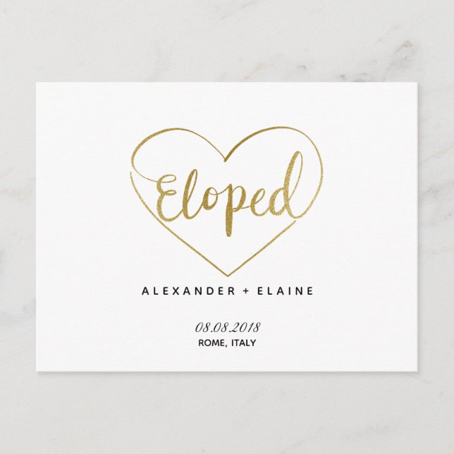 Gold Heart Eloped Text Marriage Announcement Card (Front)