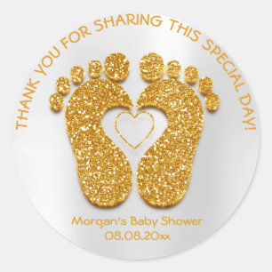 Gold Heart Feet Baby Shower Favour Gift Thank Classic Round Sticker