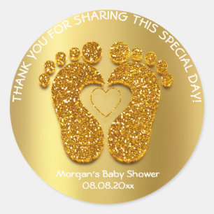 Gold Heart Feet Baby Shower Favour Gift Thank Whit Classic Round Sticker