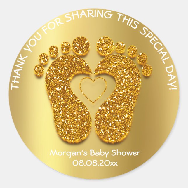 Gold Heart Feet Baby Shower Favour Gift Thank Whit Classic Round Sticker (Front)