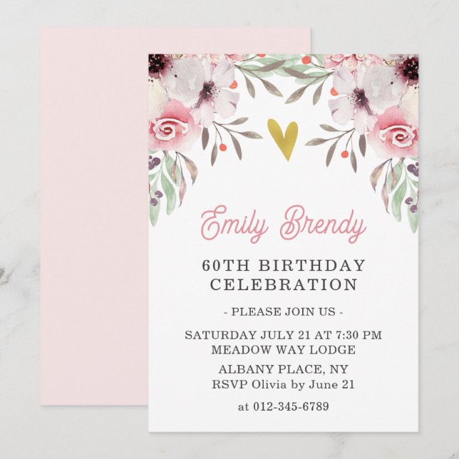 Gold Heart Floral 60th Birthday Party Invite  (Front/Back)