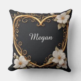💐 Gold Heart Floral Elegant Romantic Luxury Gift Throw Pillow