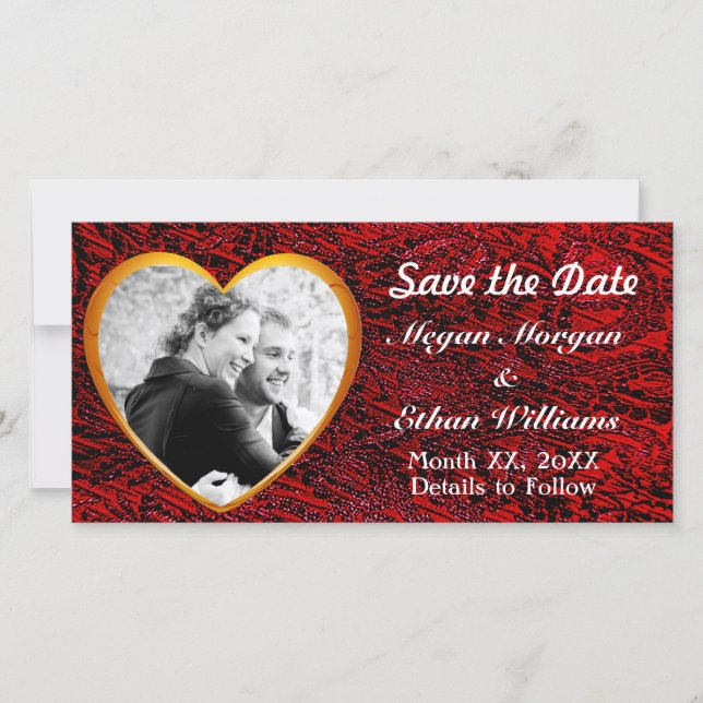 Gold Heart Frame & Red Fabric Add Photo Save The Date (Front)