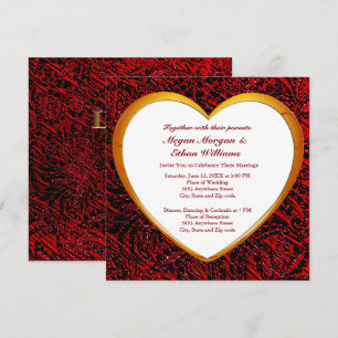 Gold Heart Frame & Red Fabric Wedding Square Invitation
