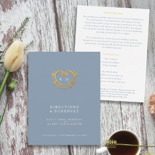 Gold heart grey white wedding directions schedule enclosure card