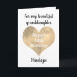 Gold Heart Happy 12th Birthday Granddaughter Card<br><div class="desc">A watercolor gold heart 12th birthday granddaughter card. You can easily personalize underneath the heart with her name. Inside this 12th birthday card reads a heartfelt message, which you can easily personalize if wanted. The back has a happy birthday message, which you can also personalize. This would make a unique...</div>