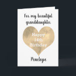 Gold Heart Happy 14th Birthday  Card<br><div class="desc">A gold heart watercolor granddaughter 14th birthday card,  which you can easily personalize with her name. Inside this 14th birthday card reads a birthday message for her,  but you can also personalize if wanted. There is a happy birthday message on the back. A unique personalized birthday keepsake for her.</div>