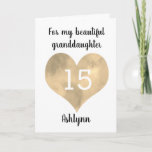 Gold Heart Happy 15th Birthday  Card<br><div class="desc">A personalized heart granddaughter 15th birthday card that features a watercolor gold heart. You can personalize gold heart with the age you need and add her name underneath the heart. The inside card message reads a heartfelt birthday message, which also be easily personalized if wanted. The back reads happy birthday....</div>
