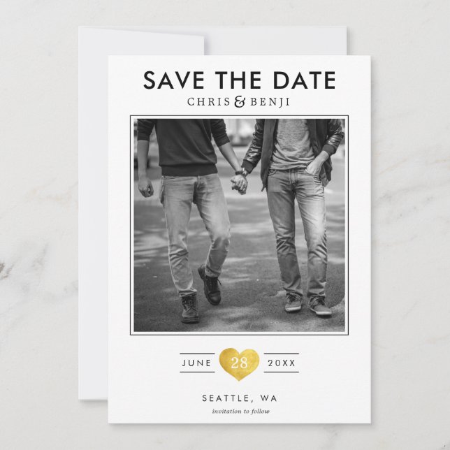 Gold Heart LGBTQ Save the Date with Photo (Front)