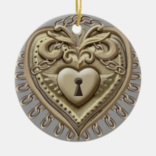 Gold Heart Lock Ceramic Ornament