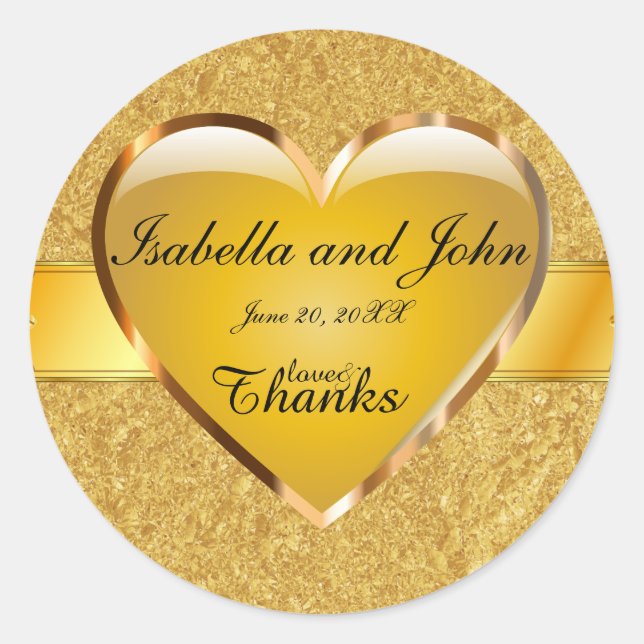 Gold Heart Love and Thanks Wedding Sticker (Front)