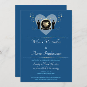 Gold Heart Male Classic Blue Virtual Wedding Invitation