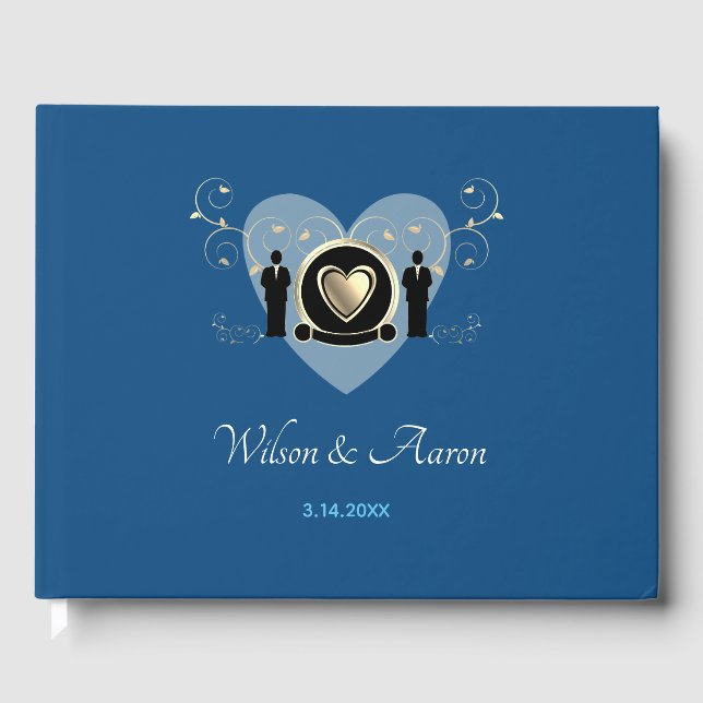 Gold Heart Male Wedding Classic Blue Guest Book (Front)