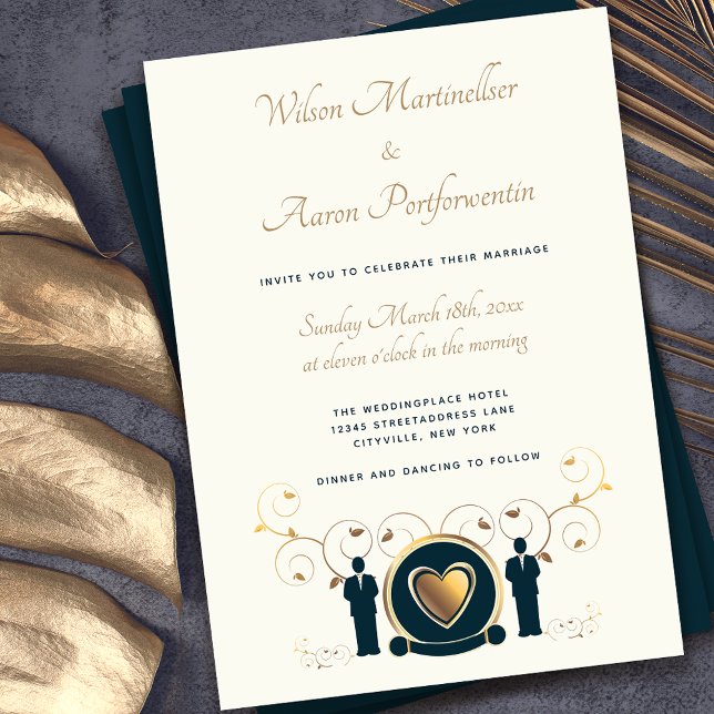 Gold Heart Male Wedding Cream Blue LGBTQ Invitation (Creator Uploaded)