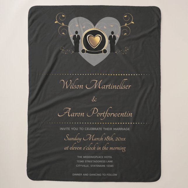 Gold Heart Male Wedding Invite Keepsake Sherpa Blanket (Front)