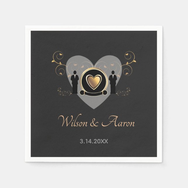 Gold Heart Male Wedding | Paper Napkin (Front)