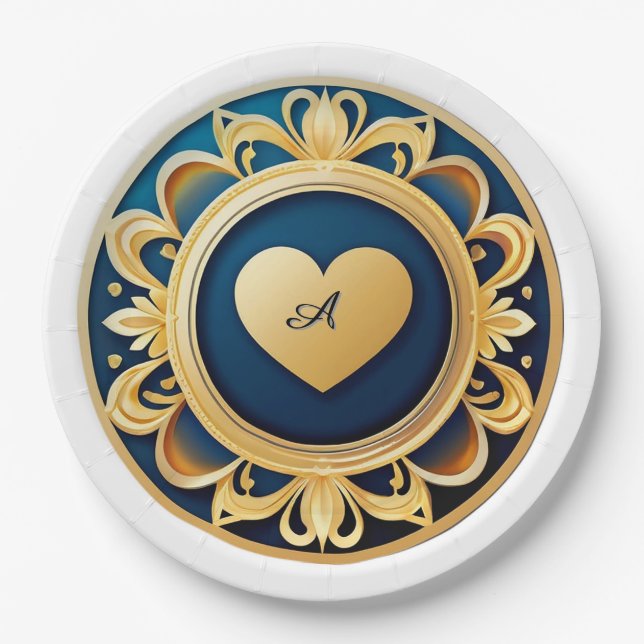 Gold Heart Medallion Paper Plate (Front)