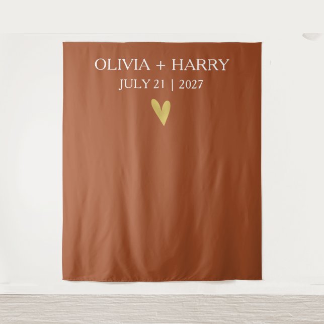 Gold Heart Modern Minimalist Wedding Backdrop Tapestry (Front)