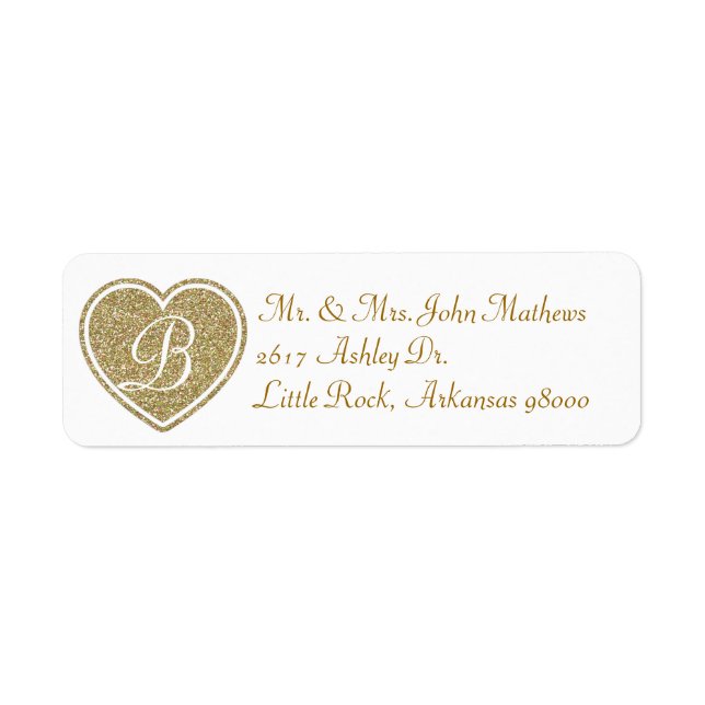 Gold Heart Monogram Custom Return Address Label (Front)